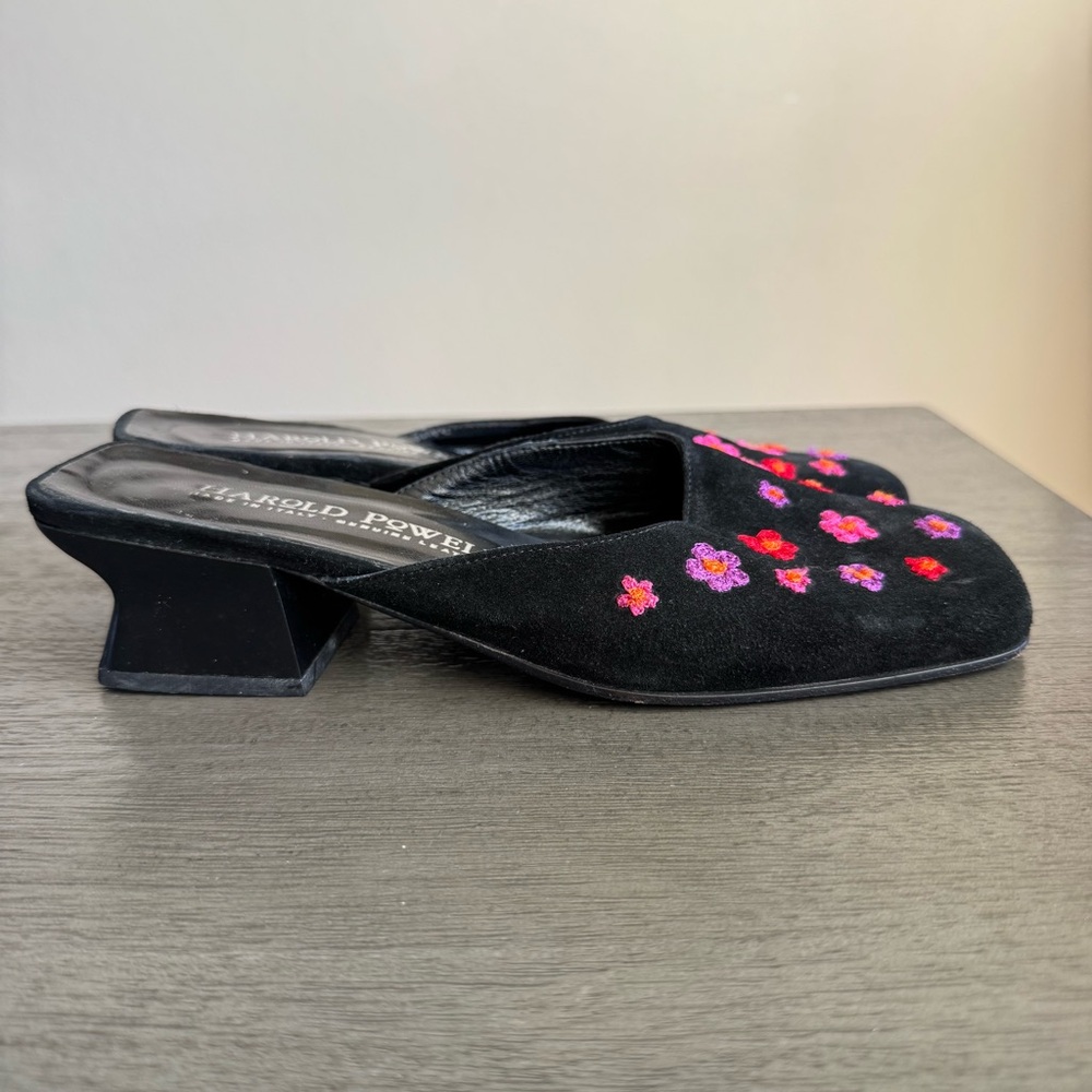 Vintage Embroidered Kitten Heels Mules Harold Powell Leather Suede Block Heels - Picture 3 of 12